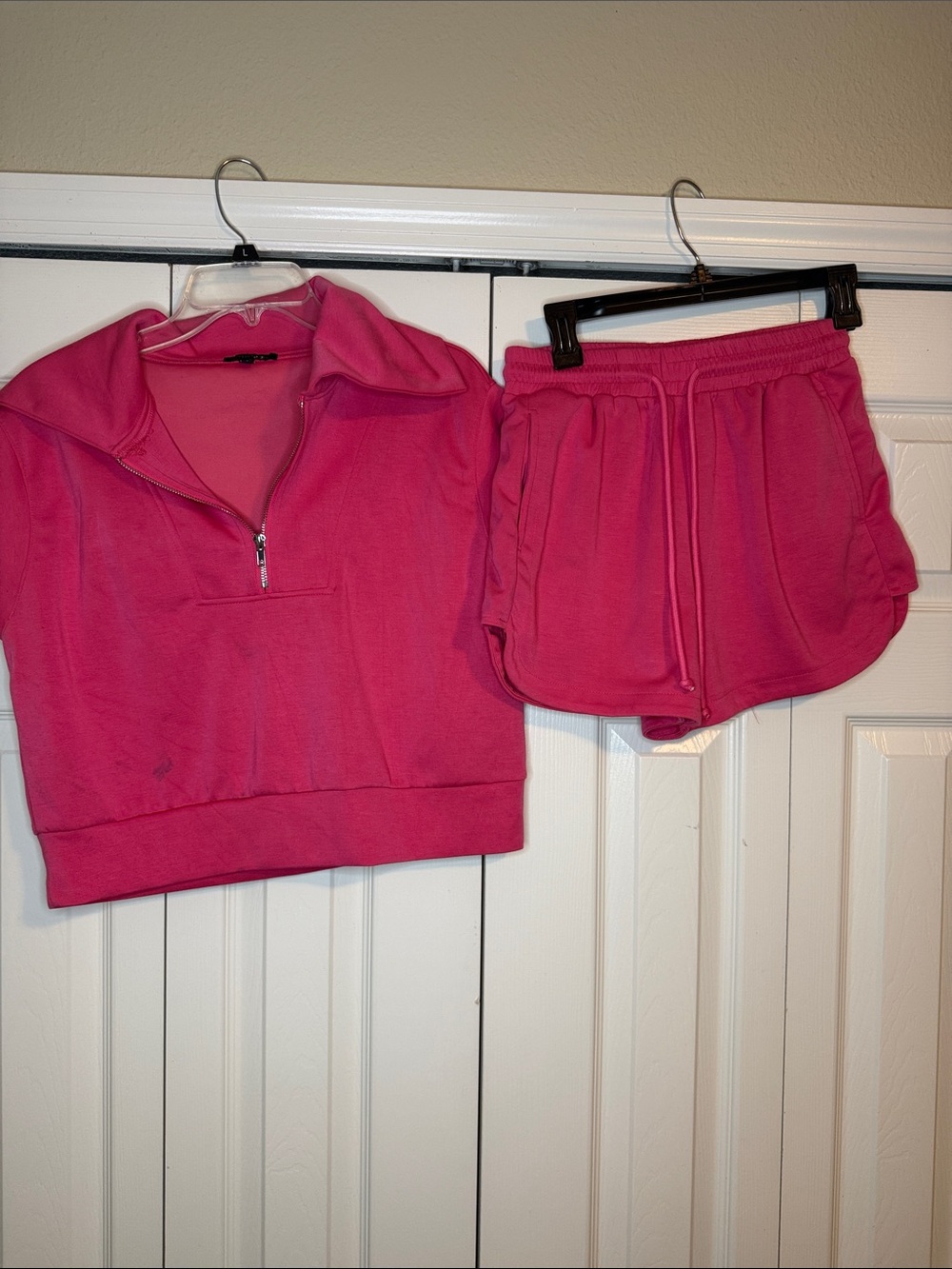 Bright Pink Half-Zip Pullover & Drawstring Shorts Set